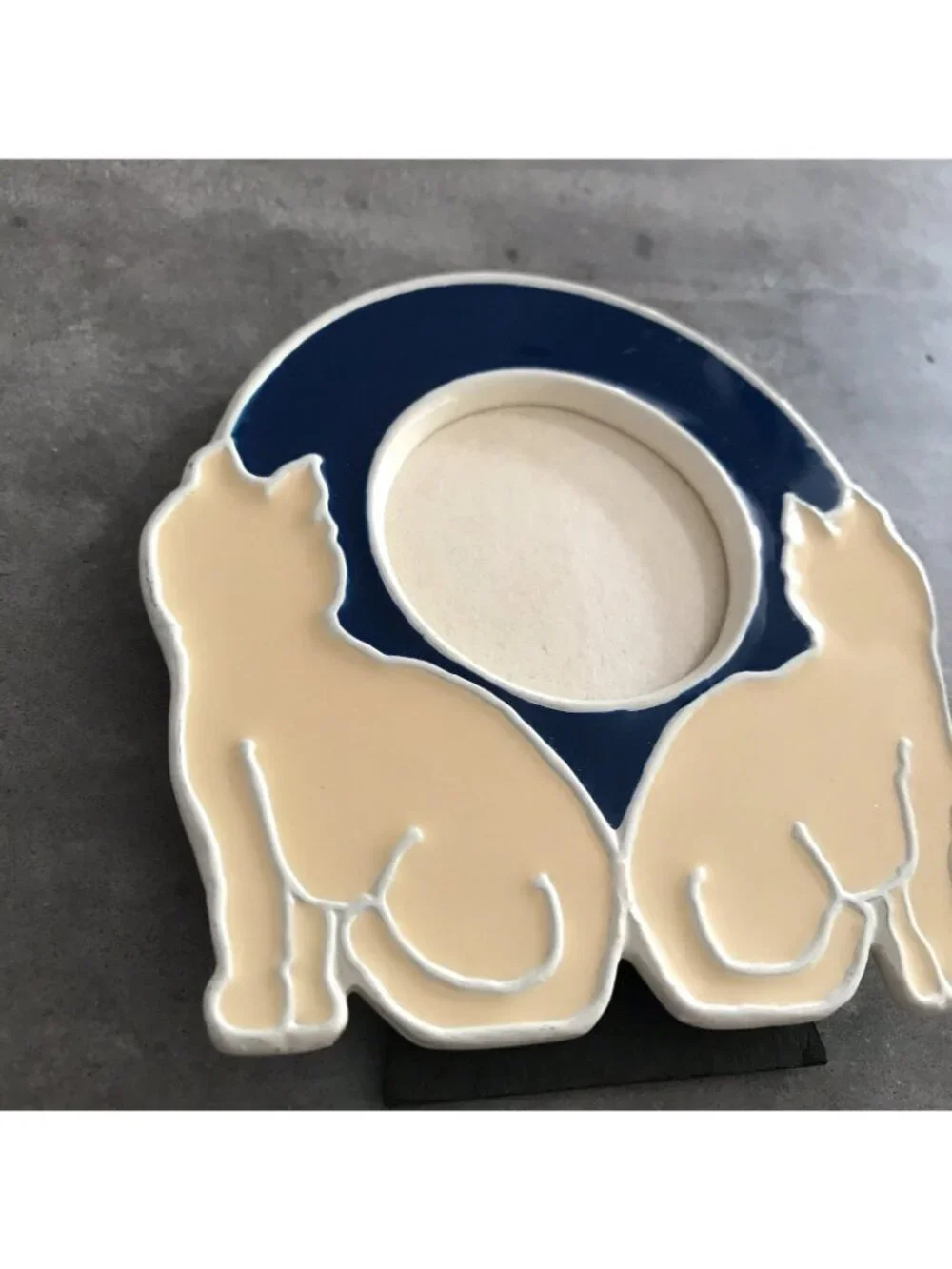 Kitty Cat Mini Frame Enamel Metal Round Photo Blue Cream Minimalist Kitsch Decor